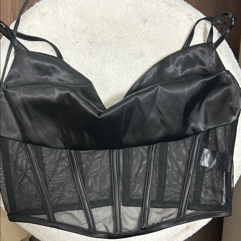 Fashion Nova Black Satin Mesh Bustier